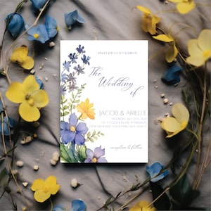 Blue Wildflower Wedding Invitation | Printable Invitation Template | Blue Floral Watercolor Wedding Invitation | Yellow Wedding Invitation