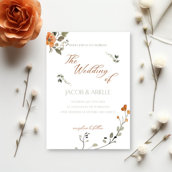 Rustic Floral Wedding Invite Terracotta Burnt Orange and Sage Green Wedding Invitation Watercolor Boho, Printable Invitation Template | DIY