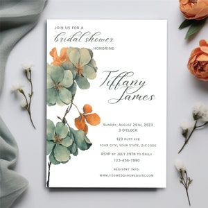 Rustic Floral Bridal Shower Invitation, Printable Invitation Template,  Watercolor Bridal Shower, Rust Orange, Teal Fall Shower Invite DIY