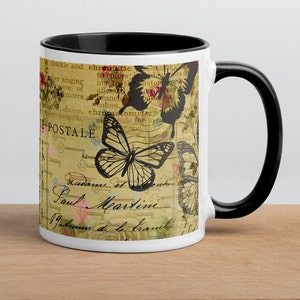 Caneca com design de cartão postal vintage de coruja e borboleta
