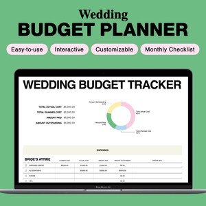 May include: A laptop screen displaying a wedding budget tracker spreadsheet with a pie chart showing the breakdown of total actual cost, total planned cost, amount paid, and amount outstanding. The spreadsheet includes a section for bride's attire with categories for wedding dress, alterations, shoes, and veil. The spreadsheet also includes a section for expenses with categories for amount paid, amount outstanding, and vendor info.