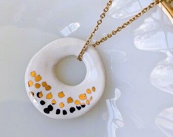 Rain circle pendant, white and gold porcelain, organic shape jewelry, hand painted 22 carat gold.