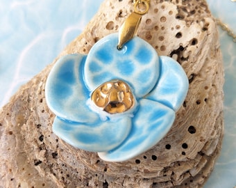 Thalassa day pendant, turquoise and gold porcelain necklace, organic shape jewelry, hand painted 22 carat gold heart.