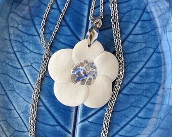 Wild Rose pendant, blue , white, silver, organic shape jewelry, 22 carat white gold shine.