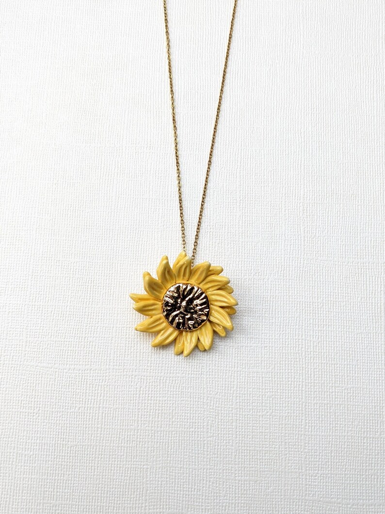 Yellow sunflower necklace, 22 carat painted gold heart, clay sun pendant. image 2