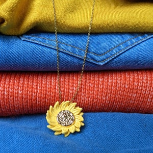 Yellow sunflower necklace, 22 carat painted gold heart, clay sun pendant. image 5