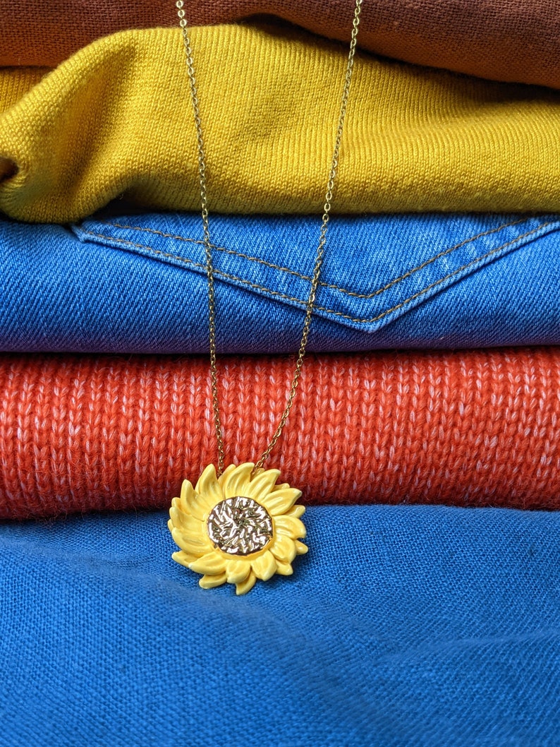 Yellow sunflower necklace, 22 carat painted gold heart, clay sun pendant. image 5