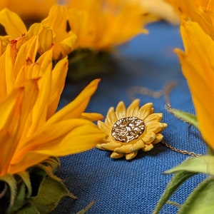Yellow sunflower necklace, 22 carat painted gold heart, clay sun pendant. image 3
