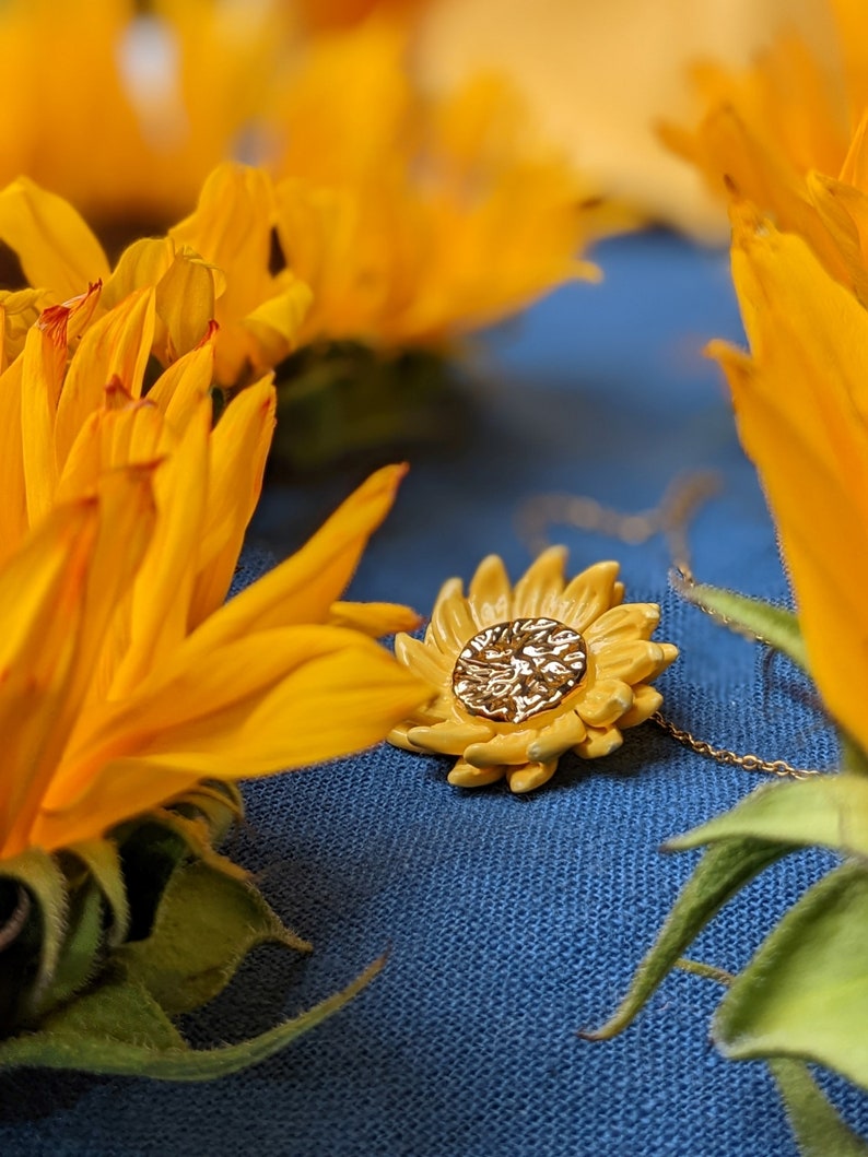 Yellow sunflower necklace, 22 carat painted gold heart, clay sun pendant. image 3