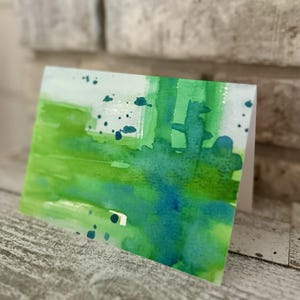 Tarjeta abstracta verde, tarjetas en blanco, tarjetas plegadas de 7 x 10, sobres incluidos, tarjeta de acuarela