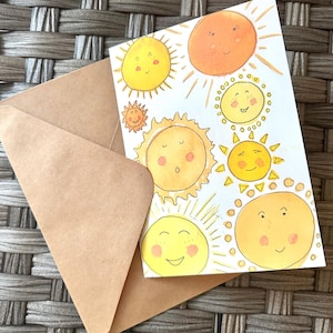 Biglietto di San Valentino, raggi di sole per la tua dolce metà (soli acquerellati sul fronte e sul retro del biglietto), "Sei il mio sole/ Buon San Valentino"