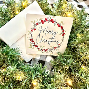 Aquarell Hawthorne Wreath quadratische 6x6 Weihnachtskarten mit abgerundeten Kanten, leer Rückseite für Ihre eigene handgeschriebene Nachricht