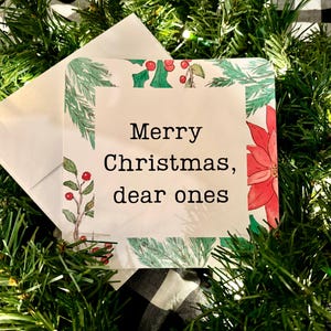 Buon Natale, biglietto per i cari, biglietto di auguri per le feste, biglietto quadrato 6x6, stelle di Natale, agrifoglio, bacche, biglietto acquerello, retro vuoto del biglietto