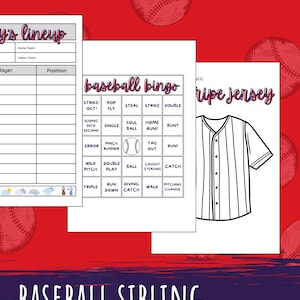 Op de afbeelding: Een kleur- en activiteitenboek met een baseballthema voor broers en zussen. De omslag heeft een rode achtergrond met baseballs en de tekst "BASEBALL SIBLING coloring & activity book 74 PRINTABLE PAGES!"