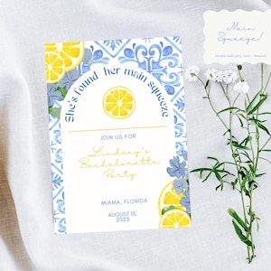 She&#39;s Found Her Main Squeeze -  Bachelorette Invite- Lemon & Blue Bridal Shower Party - Citrus Themed Bachelorette Invite