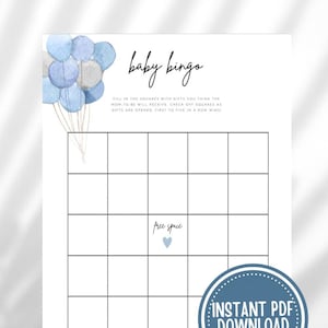 Juego de bingo Baby Shower / Tarjeta de bingo para bebés en blanco 5x5 / Juego de baby shower / Bingo imprimible / Globos azules