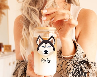 Taza de café personalizada con cabeza de perro con nombre, vaso personalizado con nombre de perro, regalos para ella, regalo de taza de café de cristal para madre de perro