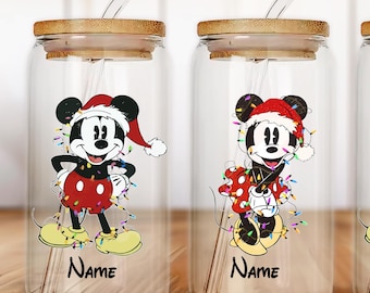 Minnie Mickey Custom Glass Can, Christmas Disney Tumbler,6oz Tumbler, Beer Can Glass with Lid and Straw Gift Idea, Cute Minnie Tumbler