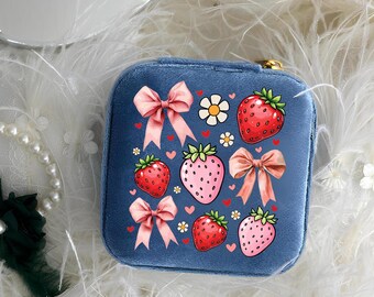 Boîte à bijoux noeud coquette fraise, étui à bijoux fleur fraise, étui à bijoux de voyage, boîte à bijoux cadeau Saint Valentin