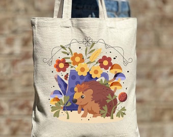 Floral Hedgehog Tote Bag, Cute Porky Tote Bag, Animal Lover Tote Bag, Cute Animal Tote, Aesthetic Bag, Casual Canvas Tote, Gift Tote Bag