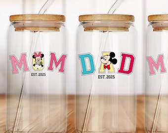 Aangepaste Mickey Minnie moeder vader beker, aangepaste moeder beker, Disney Mickey koffiekopje, 16oz glazen beker, bierblikje glas met deksel en rietje