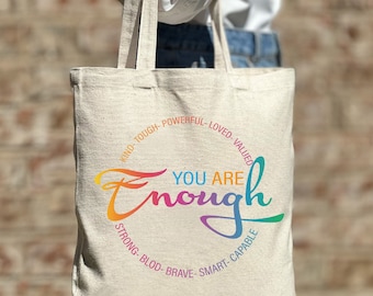 Rainbow Pride Tote Bag, LGBTQ You are Enough Tote Bag,Gay Lesbian Tote Bag, Shoulder Tote Bag, Canvas Bag, Aesthetic Bag, Casual Canvas Tote