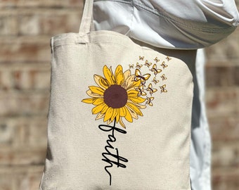 Borsa tote Faith Sunflower, tote religiosa, borsa tote con versetto della Bibbia, borsa tote Believe Jesus, borsa tote regalo, tote casual in tela, borsa a tracolla da donna
