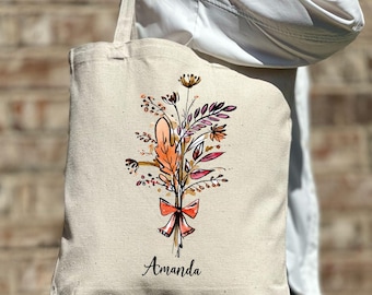 Custom Fall Season Bag, Autumn Watercolor Flower Tote Bag, Personalized Tote Bag, Cute Tote Bags, Floral Gift, Cute Tote Bag, Gift Idea