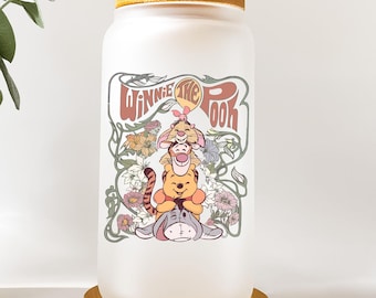 Retro Winnie The Pooh Tumbler, Cute Coffee Tumbler, Pooh and Friends Coffee Cup,16oz Glass Cup, Beer Can Glass with Lid and Straw