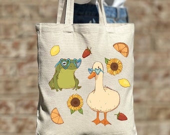 Funny Friend Frog Duck Glasses Tote Bag, Frog Lover Gift, Cute Retro Toad Tote Bag, Canvas Bag, Aesthetic Bag, Casual Canvas Tote