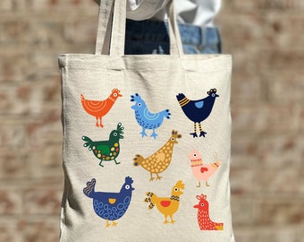 Kleurrijke kippen Tote Bag, schattige kuikens Tote Bag, Chicken Lover Tote Bag, schattige dieren Tote, esthetische tas, Casual Canvas Tote, Gift Tote Bag