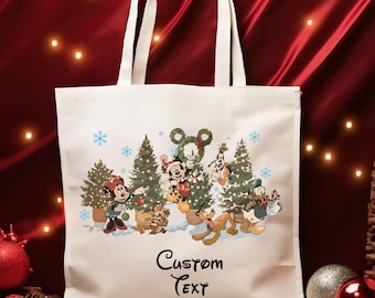 Bolsa de tela personalizada navideña de Mickey y sus amigos, bolsa de tela navideña de Minnie y Mickey con árbol de Navidad, bolsa de tela navideña de Mickey y Minnie, bolsa de tela de regalo navideña de Disney