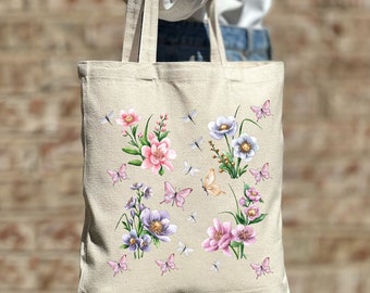 Floral Tote Bag, Flower Tote Bag, Aesthetic Canvas Bag, Gift for Woman, Mother Gift Idea, Bridesmaid Gift Tote Bag