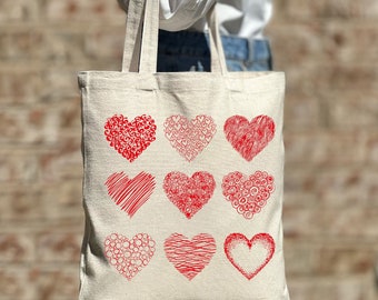 Red Hearts Tote Bag, Woman Aesthetic Tote Bag, Woman Bag, Shoulder Bag, Hearts Tote Bag, Aesthetic Bag, Casual Canvas Tote, Cute Tote Bag