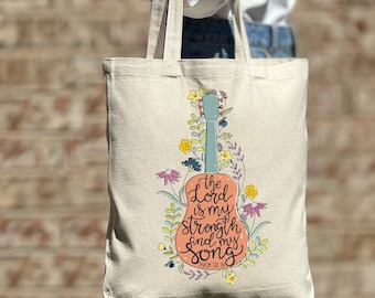 Lord my Strength my Song Tote Bag, Guitar tote bag, Believe Jesus Tote Bag, Gift Tote Bag, Casual Canvas Tote, Women Shoulder Bag