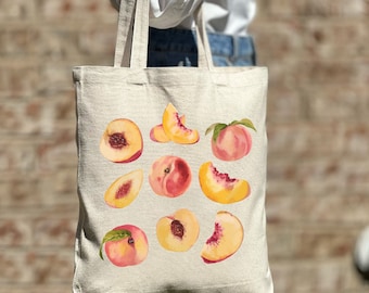 Watercolor Peach Tote Bag, Peach Lover Gift, Cute Peach Tote Bag, Canvas Bag, Aesthetic Bag, Casual Canvas Tote, Gift Tote Bag