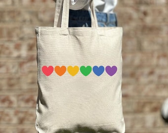 Rainbow Hearts Pride Tote Bag, LGBTQ Tote Bag, Gay Lesbian Tote Bag, Bolso de hombro, Bolsa de lona, Bolsa estética, Tote de lona casual