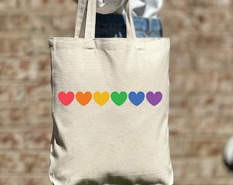 Rainbow Hearts Pride Tote Bag, LGBTQ Tote Bag, Gay Lesbian Tote Bag, Shoulder Tote Bag, Canvas Bag, Aesthetic Bag, Casual Canvas Tote