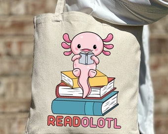 Readolotl Tote Bag, Leesgrage Axolotl Tote Bag, Leraar Cadeau Idee, Boek Lover Cadeau Idee, Grappige Tote Bag, Leuke Tas, Esthetische Tas, Canvas Tote