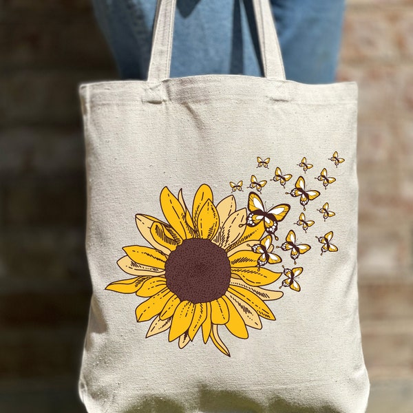 Sunflower Tote Bag, Butterfly Lover Tote Bag, Women Tote Bag, Shoulder Bag, Sunflower Lover Tote, Aesthetic Bag, Casual Canvas Tote
