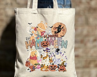 Winnie The Pooh Halloween Tote Bag, Pooh and Friends Halloween Trip Tote Bag,Mickey Not So Scary Pooh Bear Trick Or Treat Party Gift For Kid