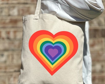 Rainbow Heart Pride Tote Bag, LGBTQ Gay Tote Bag, Lesbian Tote Bag, Shoulder Tote Bag, Canvas Bag, Aesthetic Bag, Casual Canvas Tote