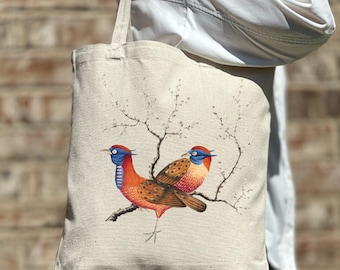 Floral Bird Tote Bag, Amandelbloesem Tote Bag, Dierenliefhebber Cadeau, Leuke Tote Bag, Canvas Tas, Esthetische Tas, Casual Canvas Tote, Gift Tote Bag