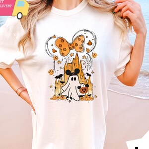 COMFORT COLORS Mickey Ghost Castle Shirt, Disney Watercolor Castle Shirt, Halloween Shirt, Disney Halloween Shirt, Minnie Halloween Shirt