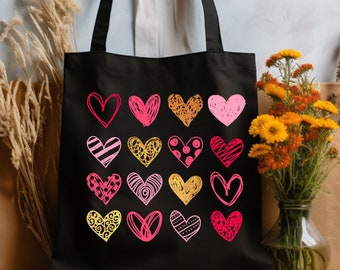 Cute Hearts Tote Bag, Woman Aesthetic Tote Bag, Woman Tote Bag, Shoulder Bag, Aesthetic Bag, Casual Canvas Tote, Cute Tote Bag