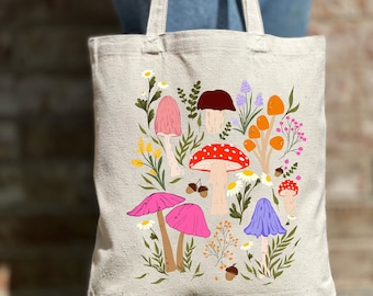 Mushroom Floral Tote Bag, Mushroom Lover Gift, Cute Tote Bag, Canvas Bag, Aesthetic Bag, Casual Canvas Tote, Gift Tote Bag