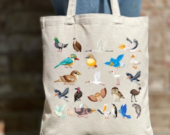 Bolsa de mano de colección de pájaros de diferentes tipos, bolsa de regalo amante de las aves, bolsa de mano linda, bolsa de lona, bolsa estética, bolsa de lona casual, bolsa de mano de regalo