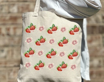 Strawberry Floral Tote Bag, Cute Tote Bag, Shoulder Bag, Aesthetic Bag, Casual Canvas Tote, Gift For Women, Cute Strawberry Lover Tote Gift