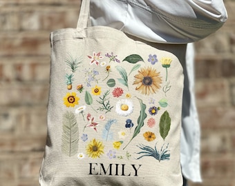 Custom Wild Flowers Tote Bag, Personalized Gift Tote,Birthday Gift Tote Bag, Cute Floral Tote Bag, Bridesmaid Tote Bag, Cute Gift Tote Bag
