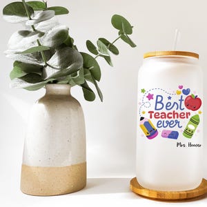 Custom Teacher Name Glass Cup, Best Teacher Tumbler, Teacher Gift Coffee Cup, Ice Coffee Cup Frosted Glass with Straw, Tumbler Gift Idea